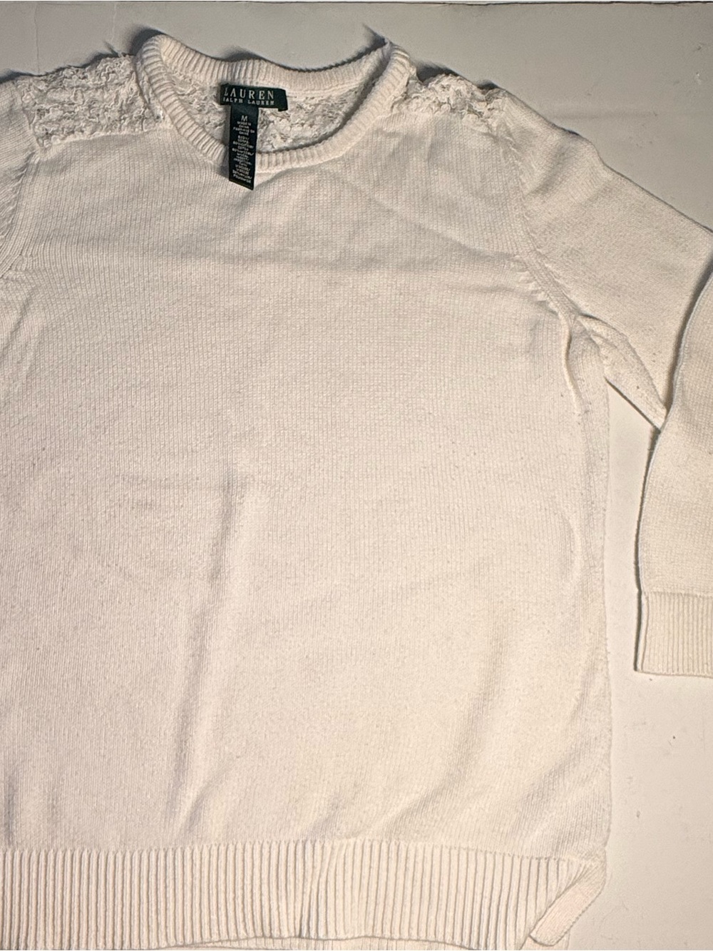 Ralph Lauren Cream Crewneck Sweater with Shoulder Lace